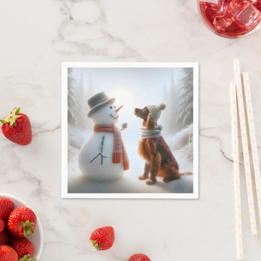 Serviette En Papier Setter irlandais de Noël avec Snowman (En situation)