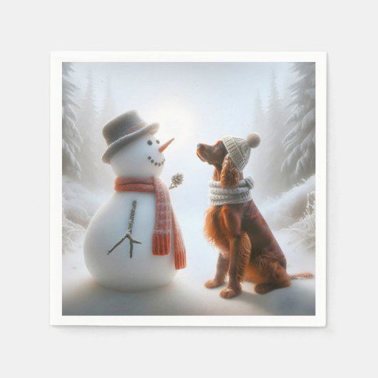 Serviette En Papier Setter irlandais de Noël avec Snowman (Devant)
