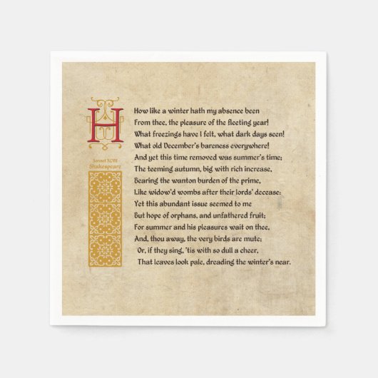 Serviette En Papier Shakespeare Sonnet 97 (XCVII) sur Parchemin (Devant)