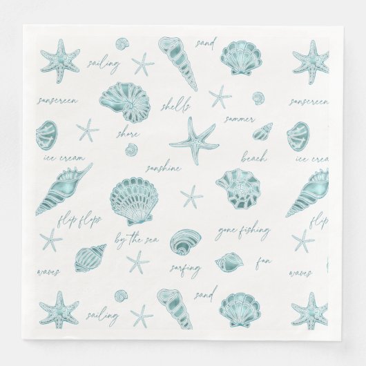 Serviette En Papier Shells Starfish Sun Fun Texte Turquoise ID918 (Devant)