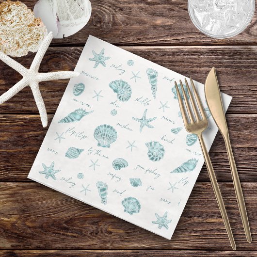 Serviette En Papier Shells Starfish Sun Fun Texte Turquoise ID918