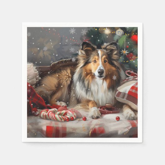 Serviette En Papier Shetland Sheepdog Festif de Noël (Devant)