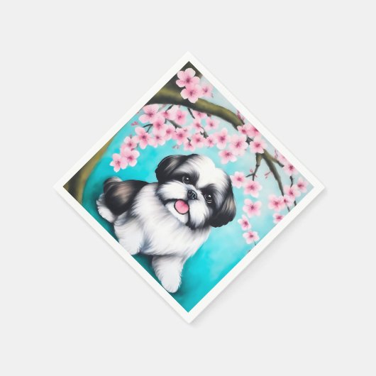 Serviette En Papier Shih Tzu en fleurs de cerisiers orientaux (Coin)