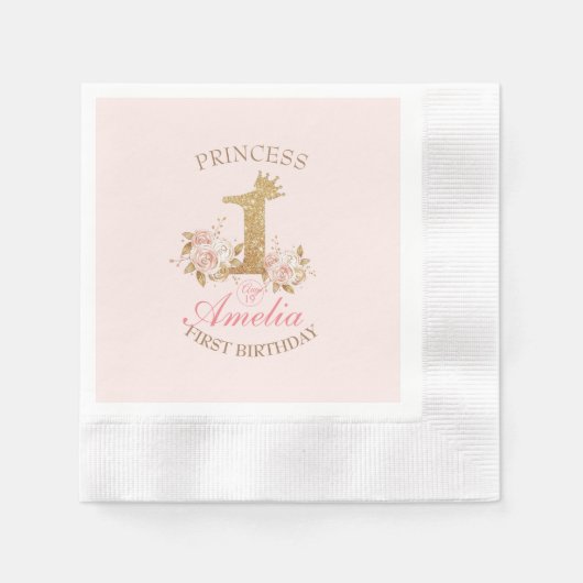 Serviette En Papier Shine Pink Gold Crown Princesse 1er anniversaire (Devant)