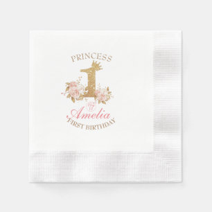Serviette En Papier Shine Pink Gold Crown Princesse 1er anniversaire