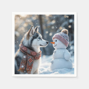Serviette En Papier Sibérien Husky regarde un bonhomme de neige