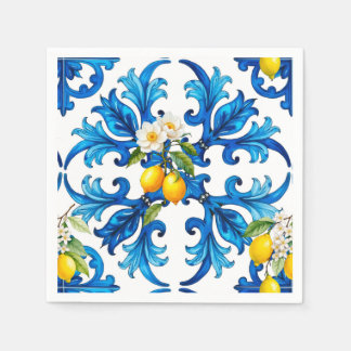 Serviette En Papier sicilien, été, citron, mosaïque, bleu,