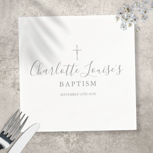 Serviette En Papier Signature moderne Argent Baptême Christening