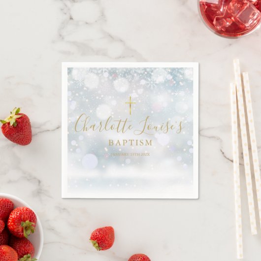 Serviette En Papier Signature or Script Hiver Baptême Christening (En situation)
