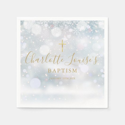 Serviette En Papier Signature or Script Hiver Baptême Christening (Devant)