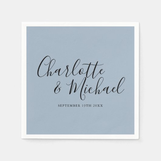 Serviette En Papier Signature Script Dusty Bleu élégant Mariage (Devant)