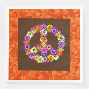 Serviette En Papier Signe de paix floral sur marron avec orange