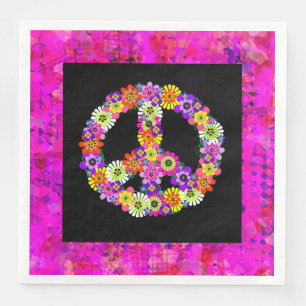 Serviette En Papier Signe de Paix Floral sur Pétales Noir