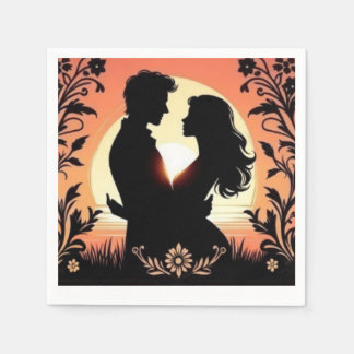 Serviette En Papier Silhouette romantique : Embrassage Lune des amoure