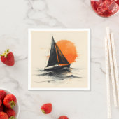 Serviette En Papier Silhouette Sketch De Voilier Avec Soleil Orange (En situation)