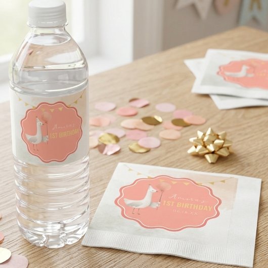 Serviette En Papier Silly Goose First Birthday Water Bottle Label
