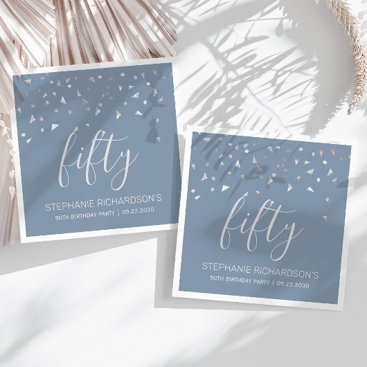 Serviette En Papier Silver Confetti Dusty Blue 50e fête d'anniversaire