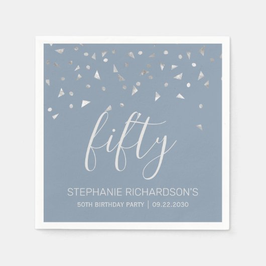 Serviette En Papier Silver Confetti Dusty Blue 50e fête d'anniversaire (Devant)