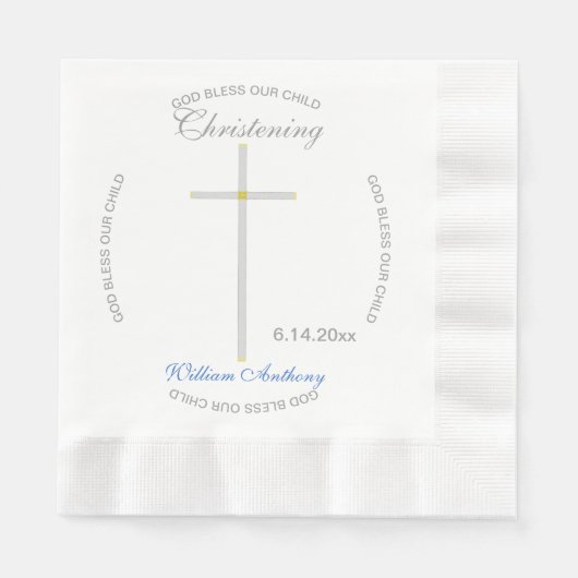 Serviette En Papier Silver Cross Christening Blue Baby Name (Devant)