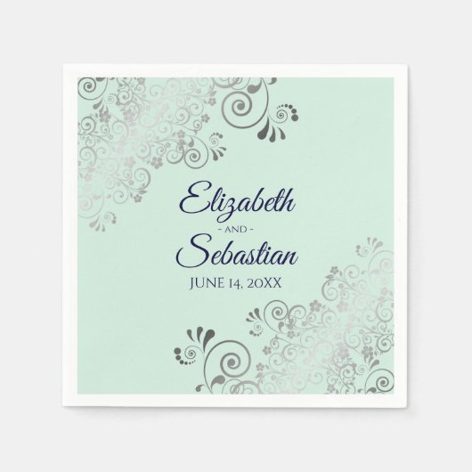 Serviette En Papier Silver Filigree Elegant Mint Green & Navy Mariage (Devant)