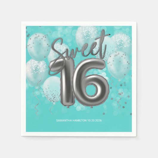 Serviette En Papier Silver Foil Sweet 16 Anniversaire Balloons Party T (Devant)