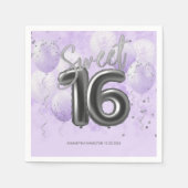 Serviette En Papier Silver Foil Sweet 16 Ballons Anniversaires Lavande (Devant)