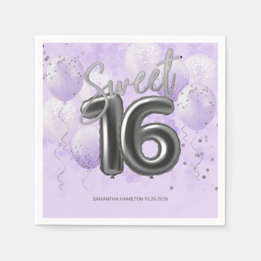 Serviette En Papier Silver Foil Sweet 16 Ballons Anniversaires Lavande (Devant)