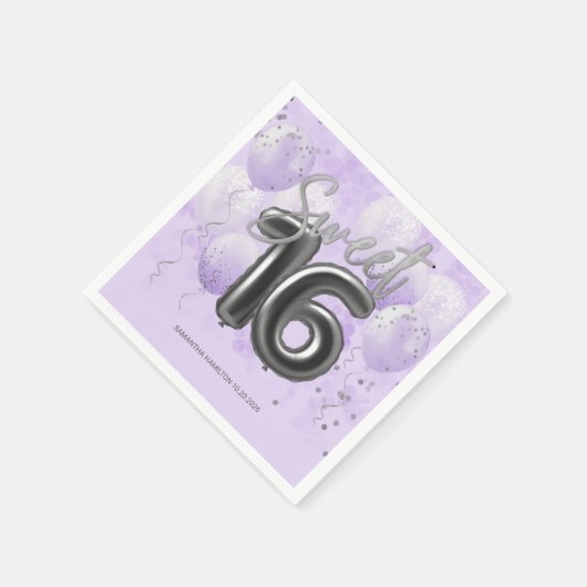 Serviette En Papier Silver Foil Sweet 16 Ballons Anniversaires Lavande (Coin)