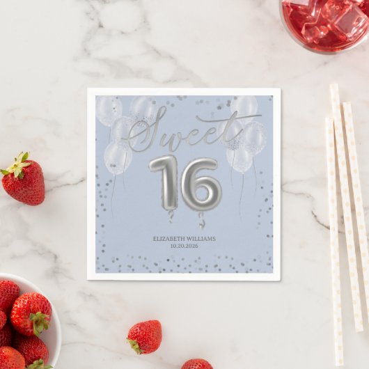 Serviette En Papier Silver Foil Sweet 16 Ballons d'anniversaire Bleu (En situation)