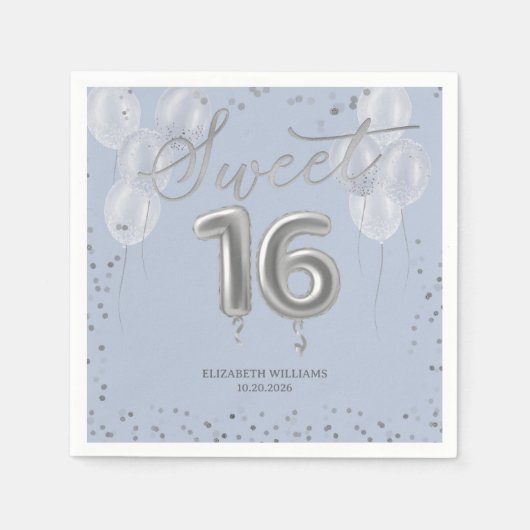 Serviette En Papier Silver Foil Sweet 16 Ballons d'anniversaire Bleu (Devant)