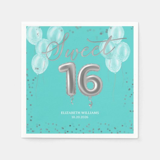 Serviette En Papier Silver Foil Sweet 16 Ballons d'anniversaire Royal (Devant)