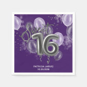 Serviette En Papier Silver Foil Sweet 16 Ballons d'anniversaire violet (Devant)