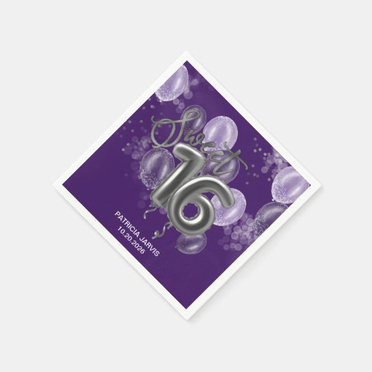 Serviette En Papier Silver Foil Sweet 16 Ballons d'anniversaire violet (Coin)
