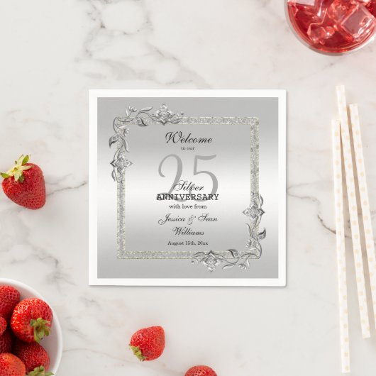 Serviette En Papier Silver Gem & Glitter 25th Wedding Anniversary (En situation)