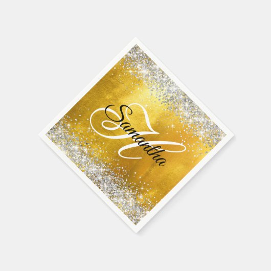 Serviette En Papier Silver Glittery Gold Foil Fancy Monogramme (Coin)