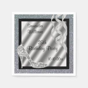 Serviette En Papier Silver Glittery Stiletto & Streamers 25e anniversa