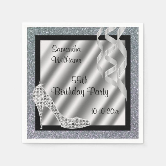 Serviette En Papier Silver Glittery Stiletto & Streamers 55e anniversa (Devant)