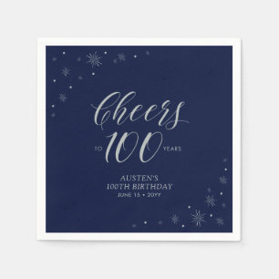 Serviette En Papier Silver & Navy Blue Cheers 100e fête d'anniversaire