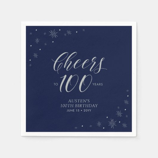 Serviette En Papier Silver & Navy Blue Cheers 100e fête d'anniversaire (Devant)