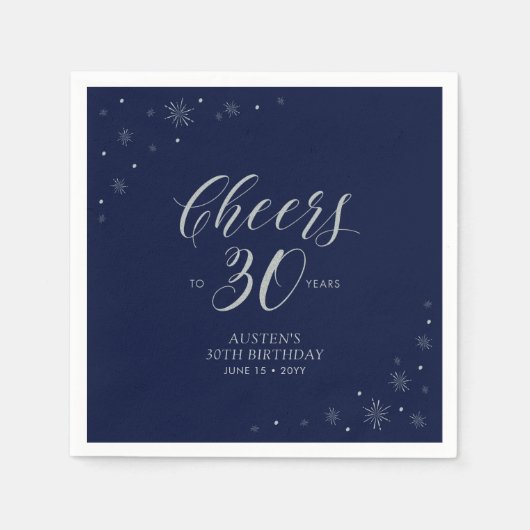 Serviette En Papier Silver & Navy Blue Cheers 30e fête d'anniversaire (Devant)