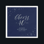 Serviette En Papier Silver & Navy Blue Cheers 40th Birthday Party<br><div class="desc">Ajoutez des détails à votre fête du 40e anniversaire avec cette serviette en papier personnalisée. Ce design présente une typographie argentée chic et des graphiques brillants sur un arrière - plan bleu marine foncé. Vous pouvez customiser le texte et la couleur arrière - plan. Les invitations et les fournitures de...</div>