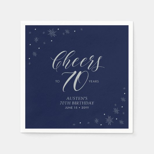 Serviette En Papier Silver & Navy Blue Cheers 70e fête d'anniversaire (Devant)