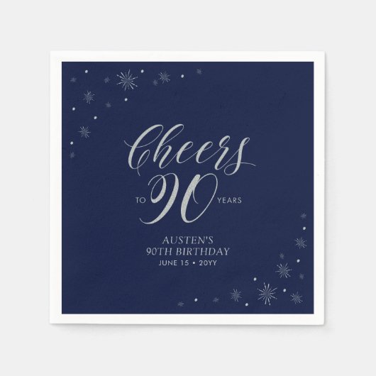 Serviette En Papier Silver & Navy Blue Cheers 90e fête d'anniversaire (Devant)