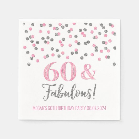 Serviette En Papier Silver Pink Confetti 60 & Fabulous (Devant)