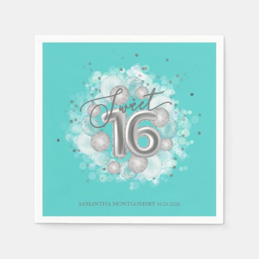 Serviette En Papier Silver Sweet 16 Anniversaire Balloons Party Turquo (Devant)