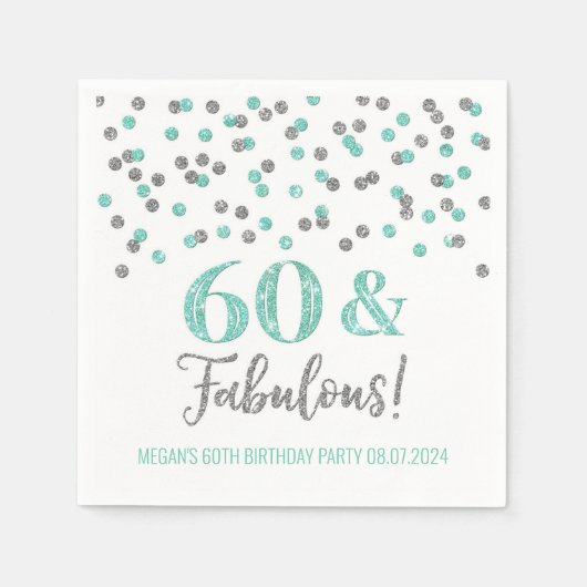 Serviette En Papier Silver Turquoise Confetti 60 & Fabuleux (Devant)