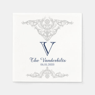 Serviette En Papier Silver White et Navy Mariage damassé Napkin