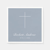 Serviette En Papier Simple Baptême Croix Bleu Poussiéreux Script (Devant)
