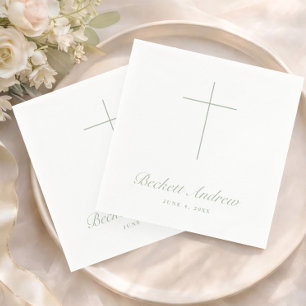 Serviette En Papier Simple Baptême Vert Sauge Écriture Croix