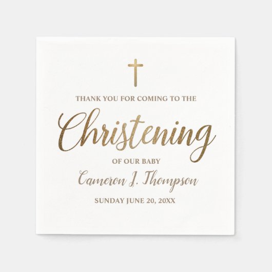 Serviette En Papier Simple Bébé Christening Gold Cross Script (Devant)